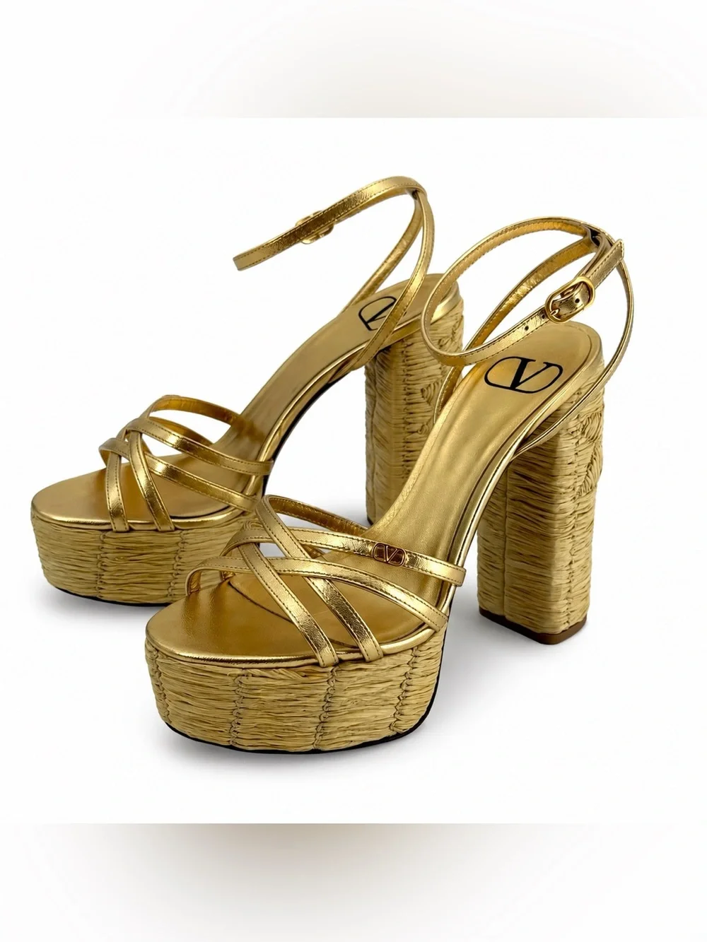 Valentino Garavani Gold Platform Block Sandals Metallic Ankle Strap Luxury Heels